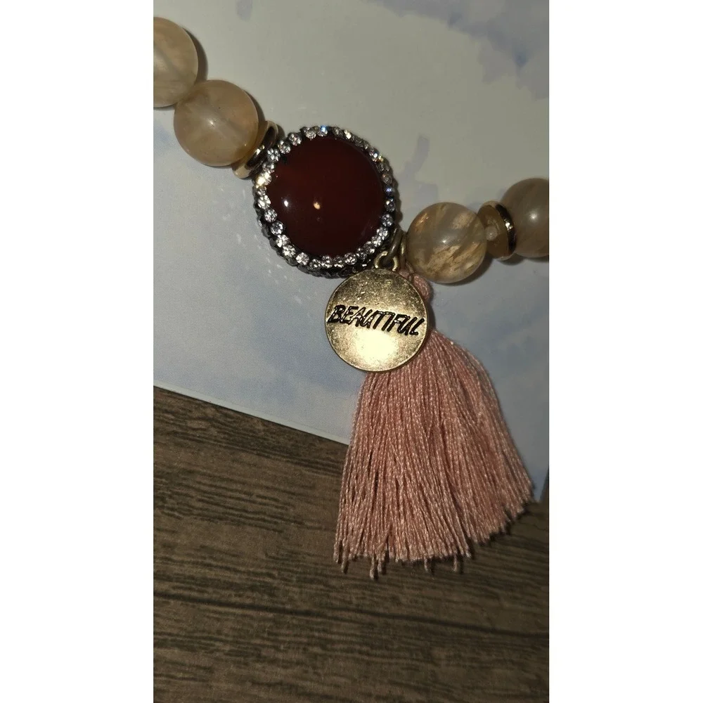 Inspired Life Women Beaded Stretch Bracelet Red Cabochon Tassel Beautiful Charm